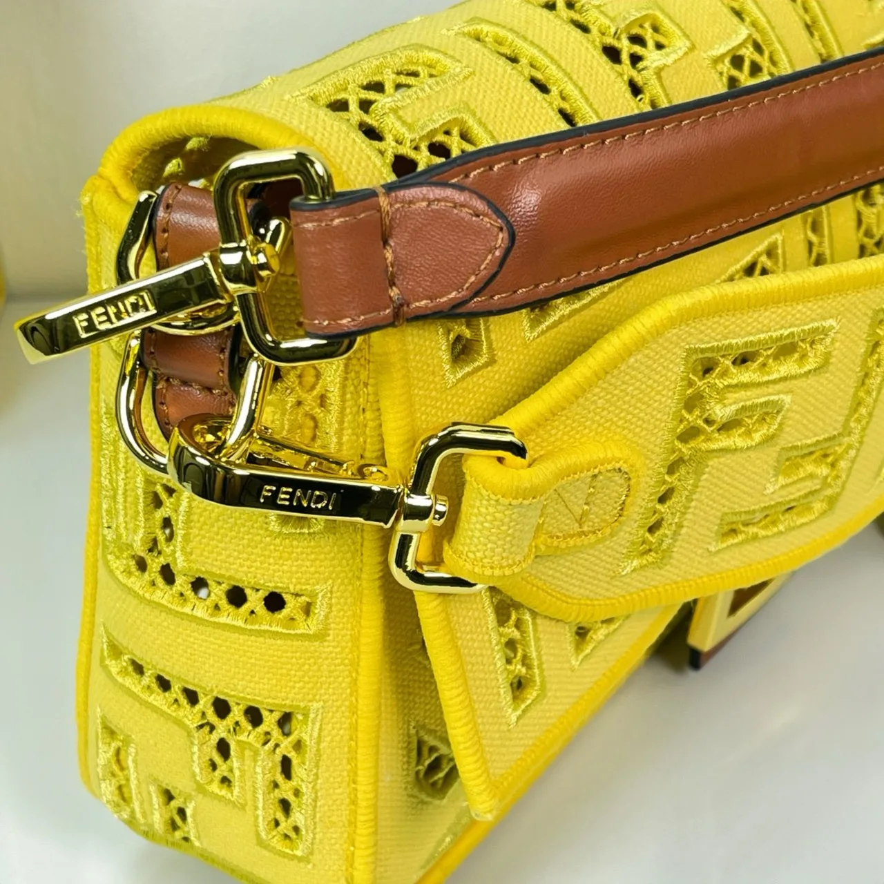 Fendi Canvas Cutout FF-Pattern Flap Shoulder Bag in Yellow · view 5