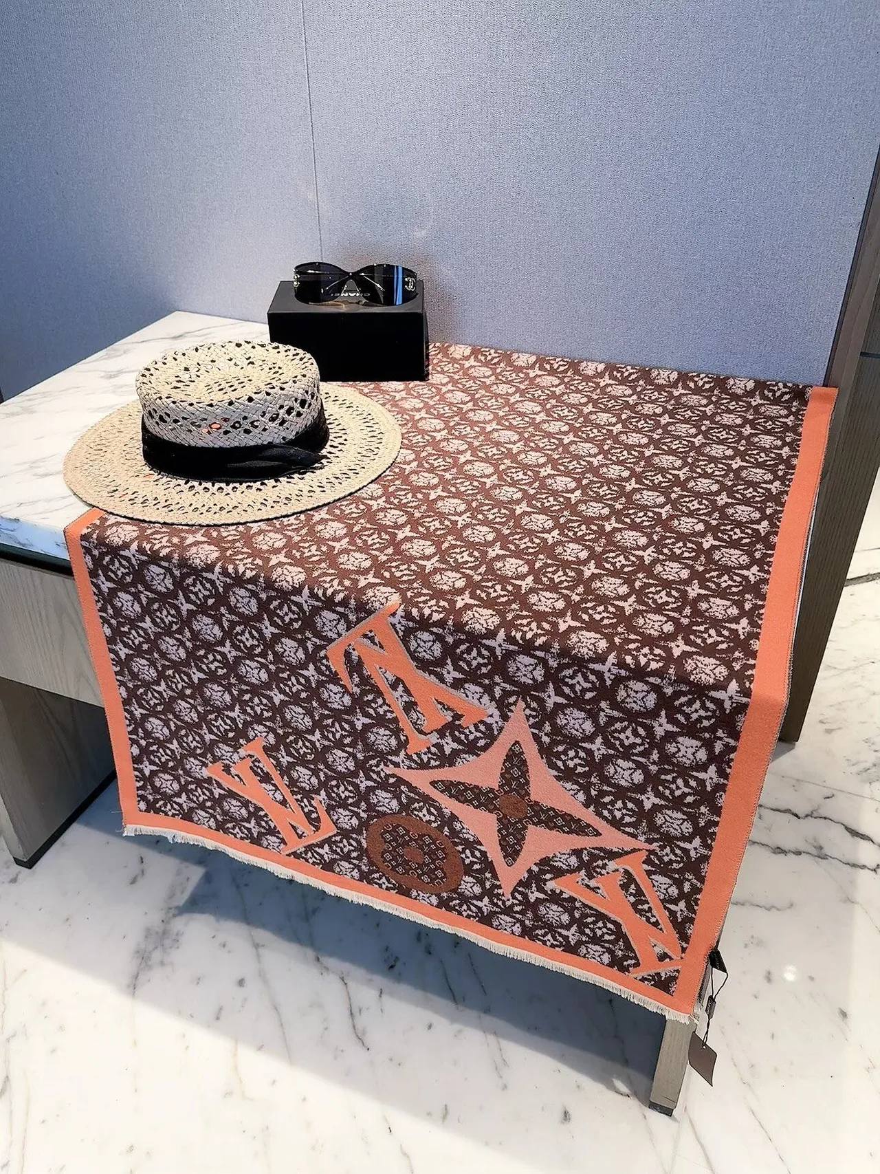 Louis Vuitton Monogram Jacquard Scarf in Grey & Brown · view 2