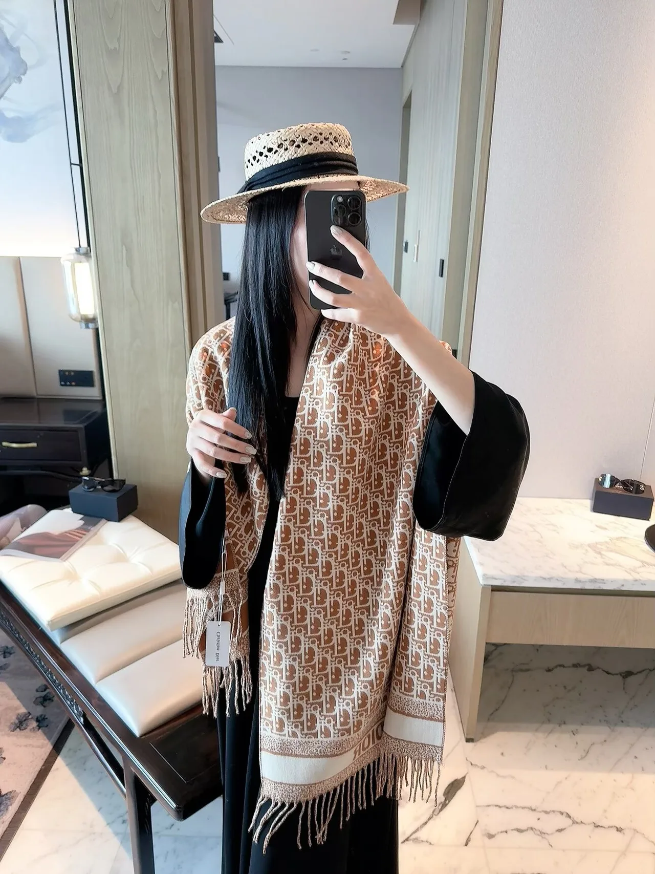 Dior Oblique Fringed Scarf in Tan & Black · view 3
