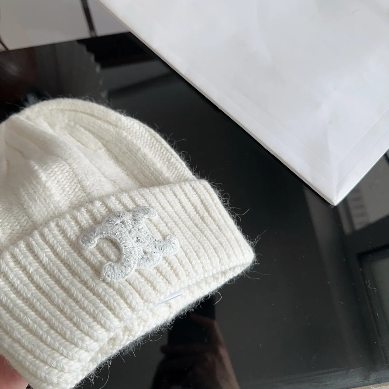 Celine Ribbed Glossy Beanie in White · view 7