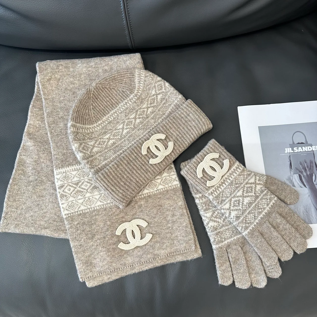 Chanel Hat, Scarf and Gloves Set in Beige & Black · view 2