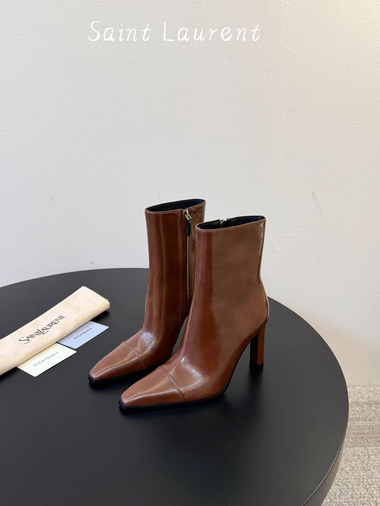 Saint Laurent Glossy Square-Toe Ankle Boots in Brown · view 5