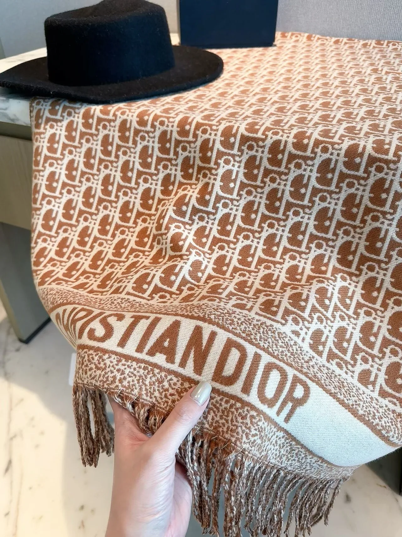 Dior Oblique Fringed Scarf in Tan & Black · view 7