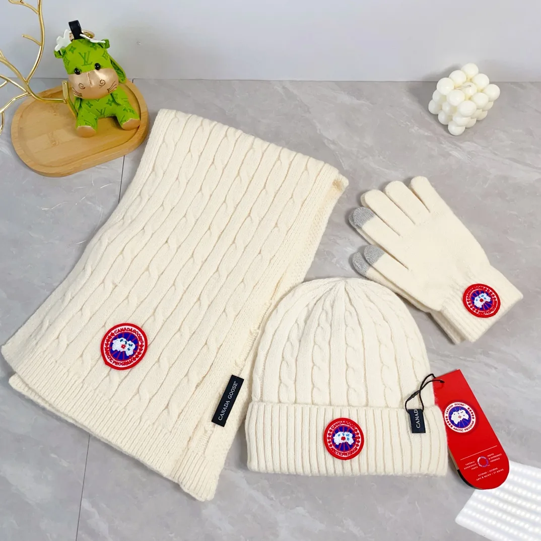 Canada Goose Wool Ribbed Hat Scarf and Gloves Set in White · view 1