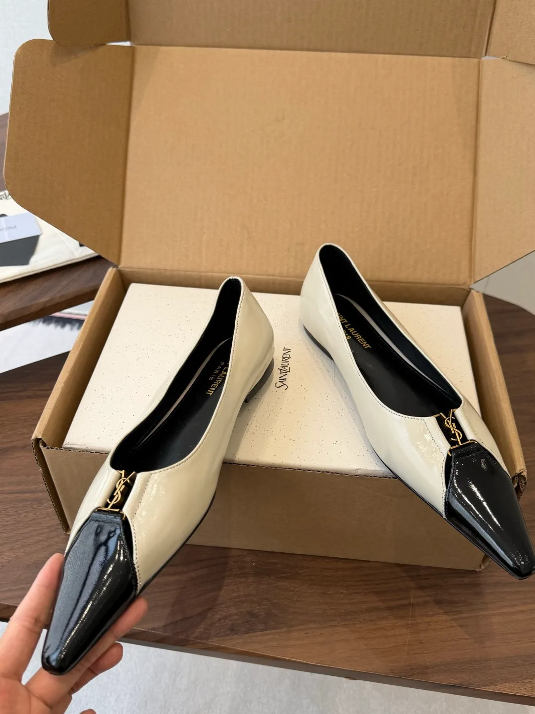 Saint Laurent Sheepskin Pointed-Toe Flats in Cream · view 5