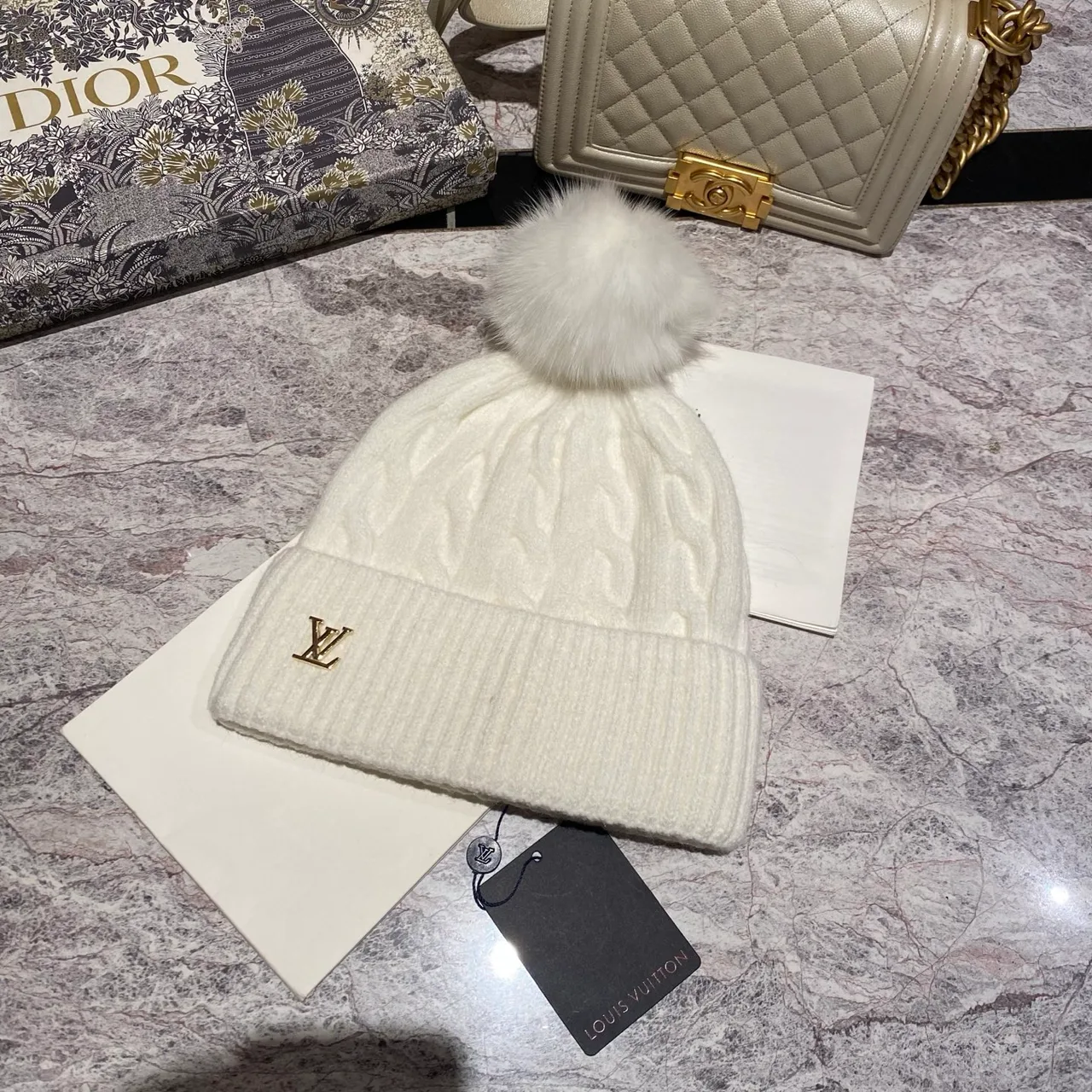 Louis Vuitton Cable knit pom beanie in Black & White & Blue & Burgundy & Cream & Grey & Brown & Pink · view 2