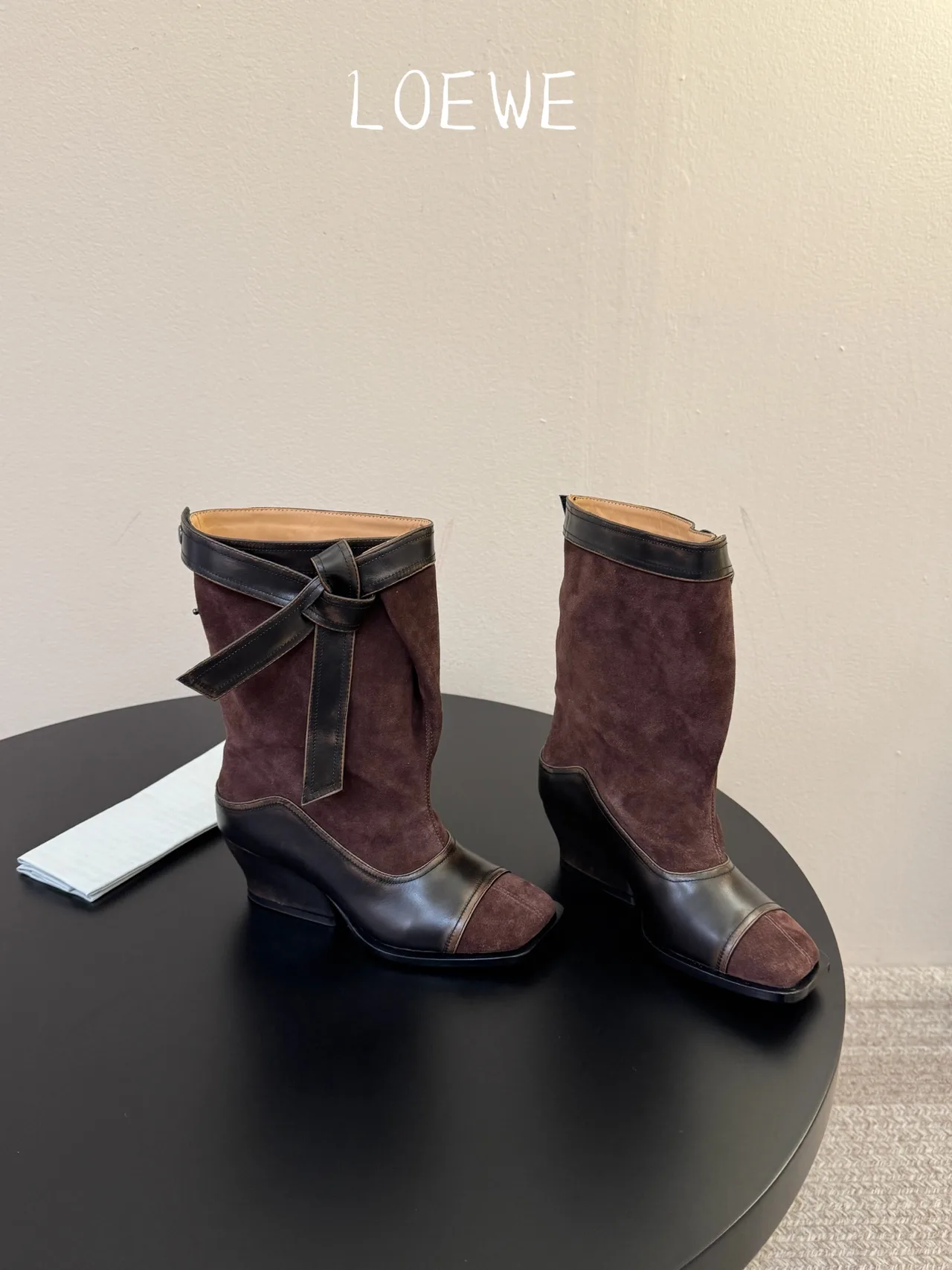 Loewe Cowhide Suede-Look Pointed-Toe Bow Ankle Boots in Brown · view 4