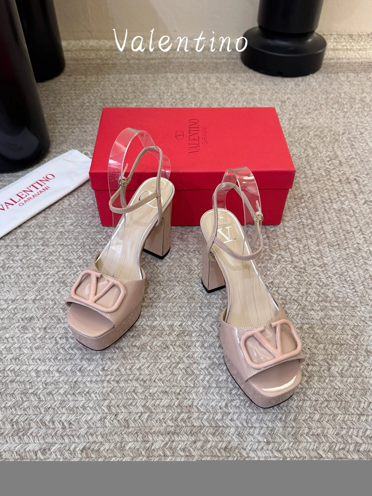 Valentino Patent Leather Square-Toe VLogo Platform Sandals in Pink · view 2