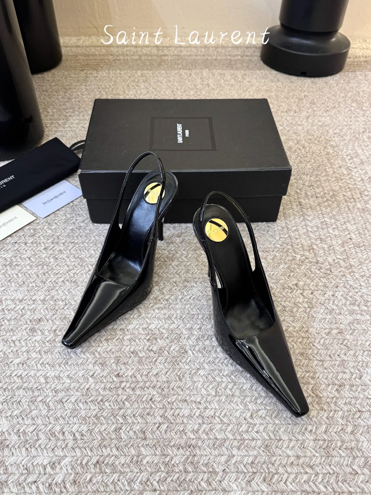 Saint Laurent Glossy Pointed-Toe Sandals in Black · view 2