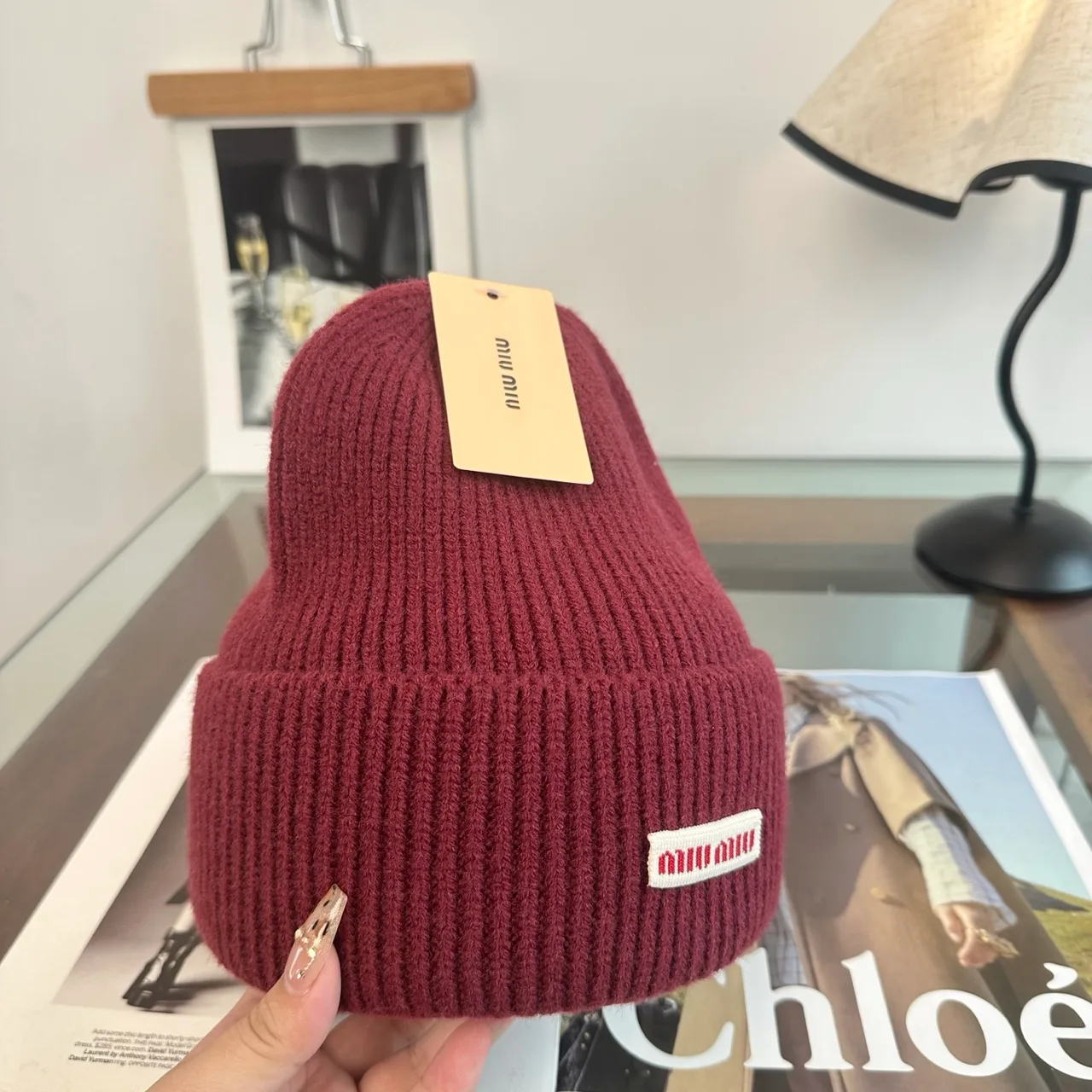 Miu Miu Ribbed Knit Beanie in Burgundy · view 7