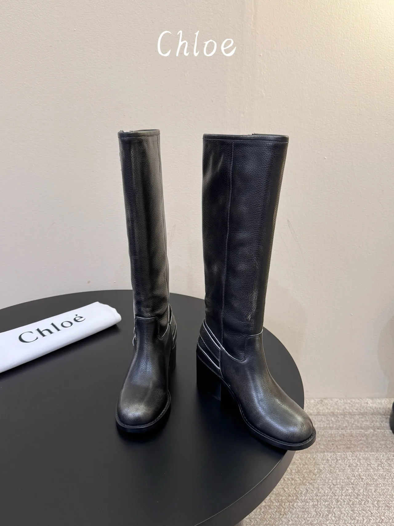 Cowhide Ribbed Glossy Round-Toe Triple-Buckle Knee-High Boots in Black · view 3
