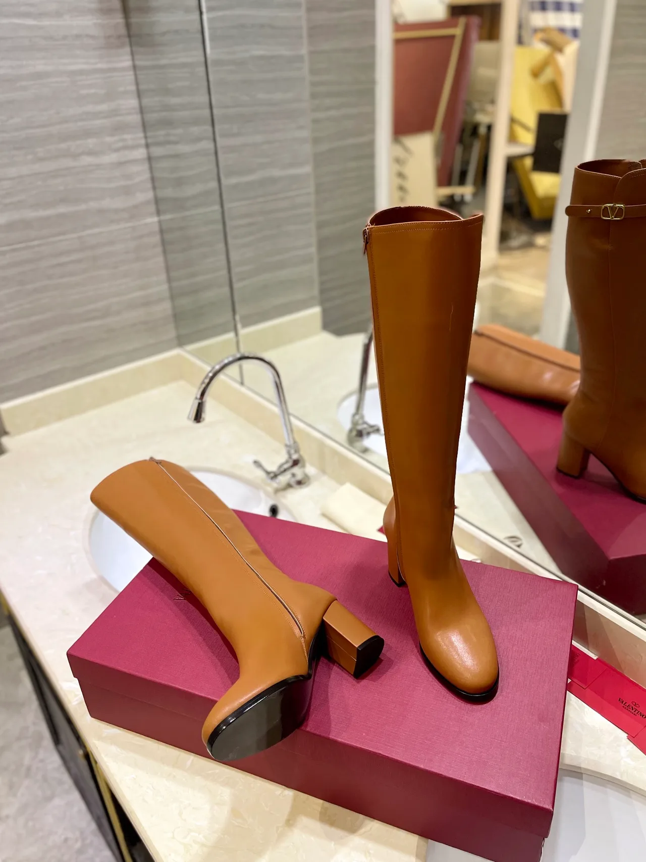 Valentino Leather Glossy Buckle Knee-High Boots in Brown · view 6
