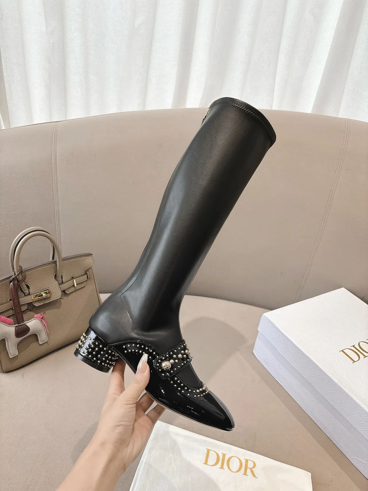 Dior Sheepskin Patent Leather Glossy Pointed-Toe Ankle Boots in Black · view 6