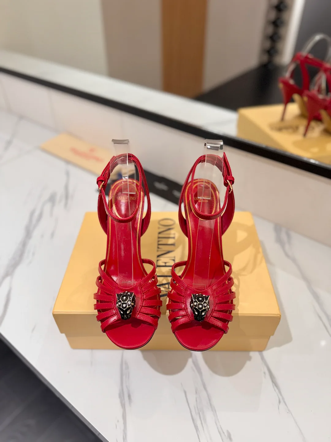 Valentino Pointed-Toe Crystal Cage Heel Sandals in Red · view 3