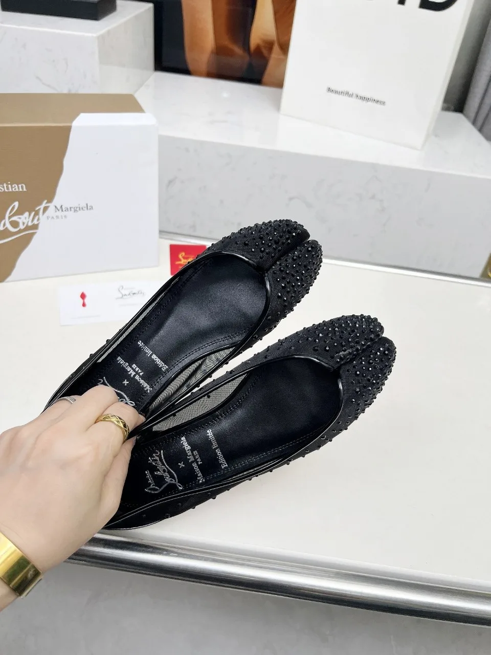 Christian Louboutin Sheepskin Glossy Pointed-Toe Split Toe Flats in Black · view 3