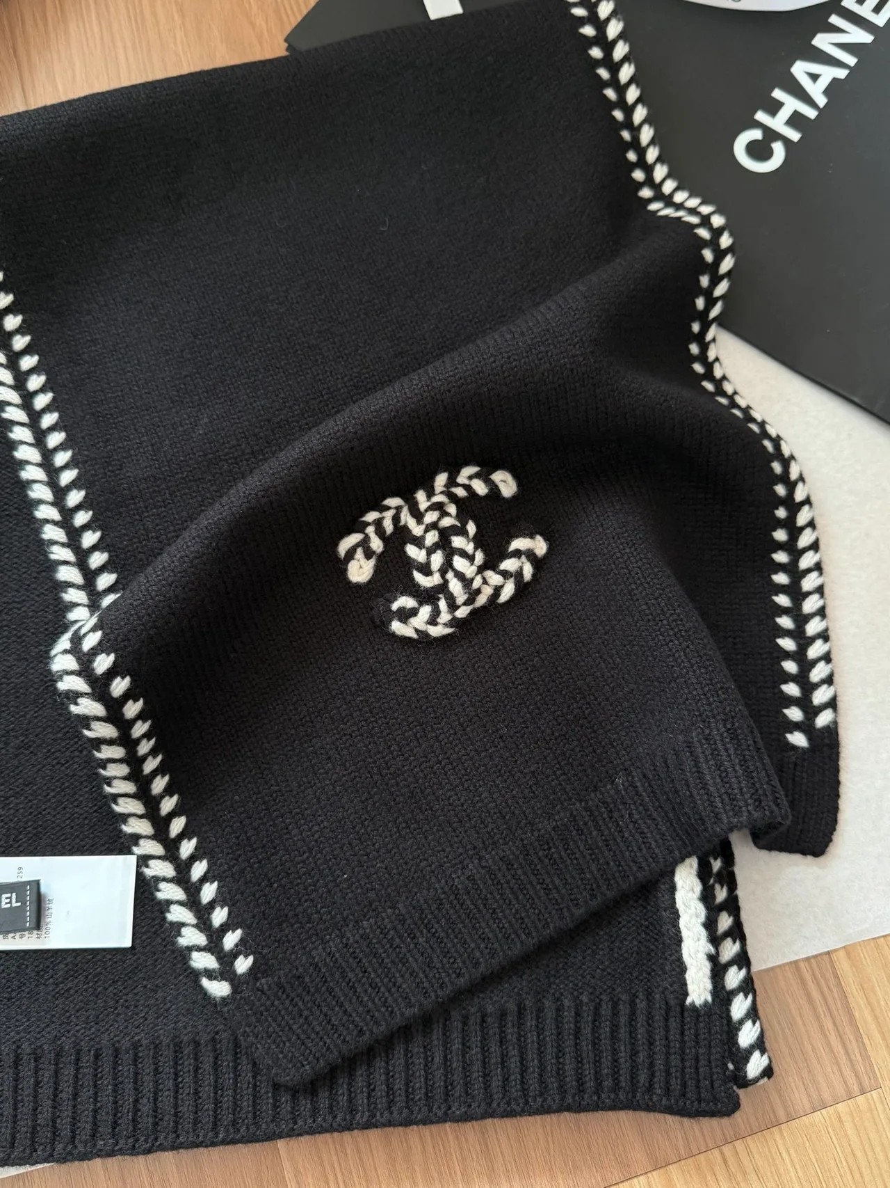 Chanel Contrast-Stitch Fringed Scarf in Black & White · view 6
