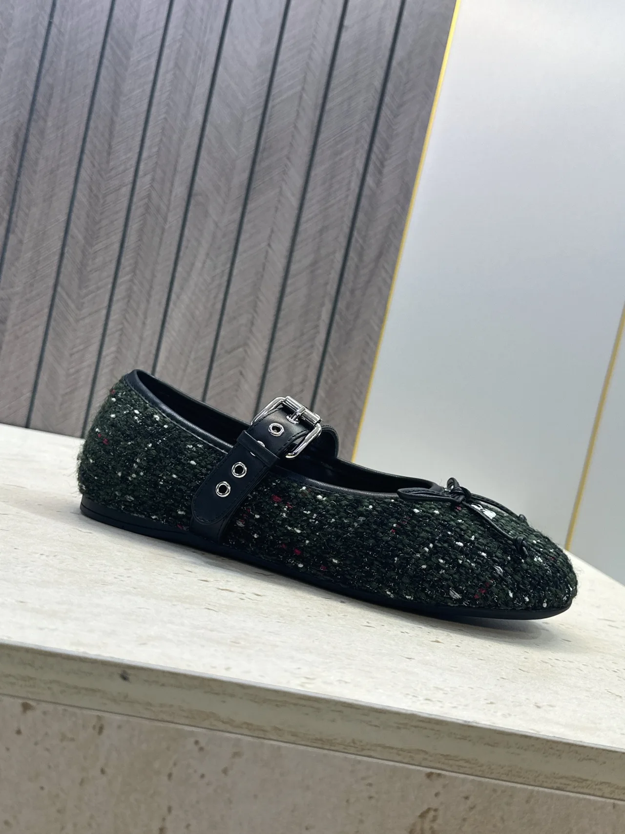Miu Miu Calfskin Smooth Bow Buckle Mary Jane Flats in Green · view 6