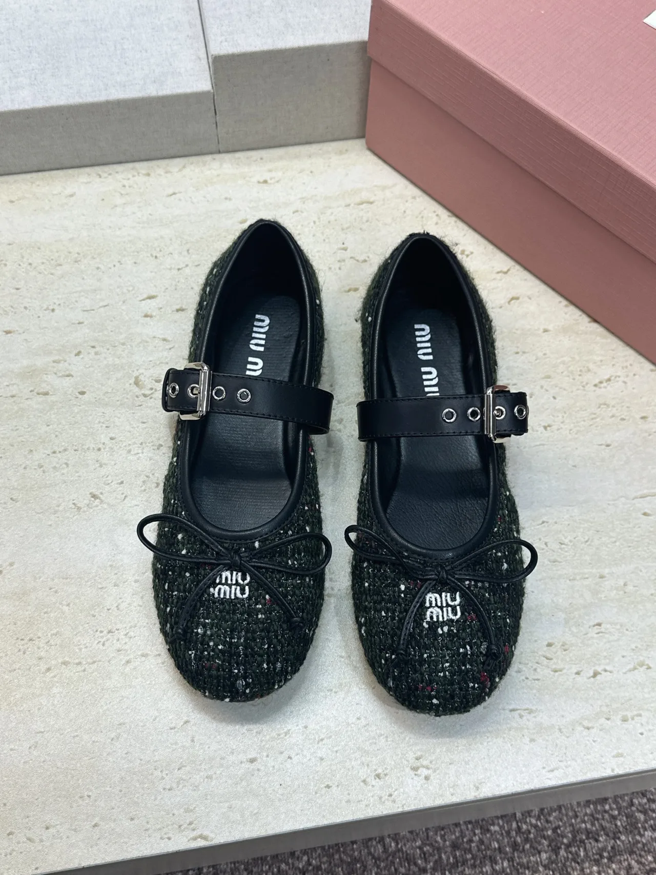 Miu Miu Calfskin Smooth Bow Buckle Mary Jane Flats in Green · view 2