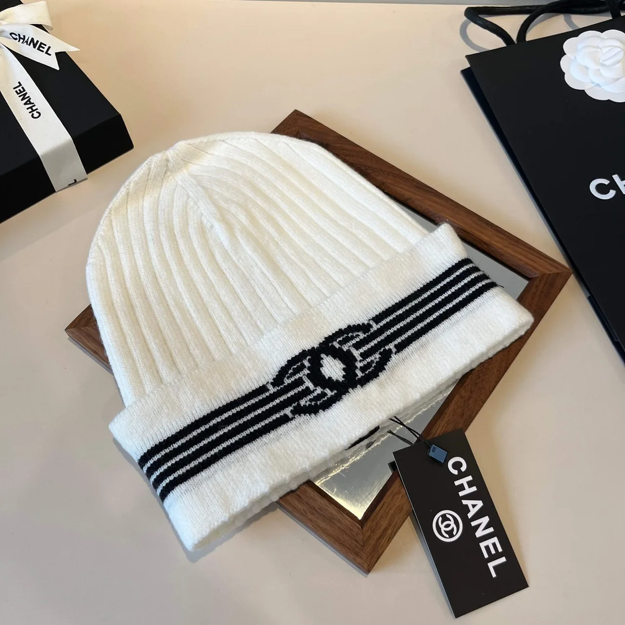 Chanel Ribbed Striped Beanie in White · view 2