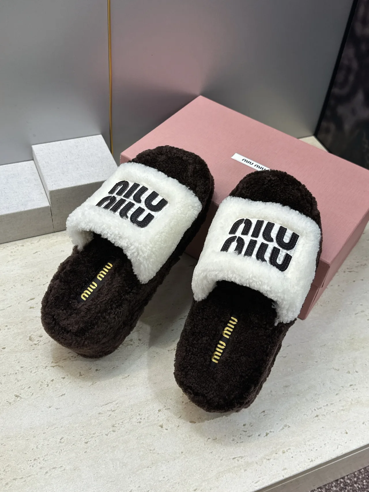Miu Miu Plush Slide Sandals in Brown · view 4
