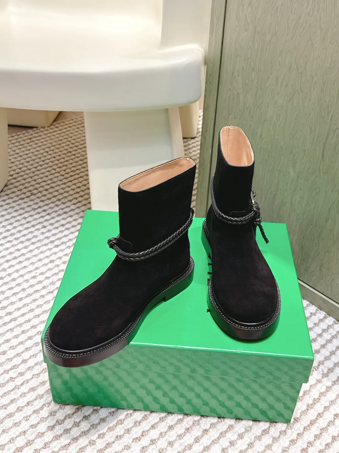Bottega Veneta Calfskin Woven Glossy Ankle Boots in Black · view 3