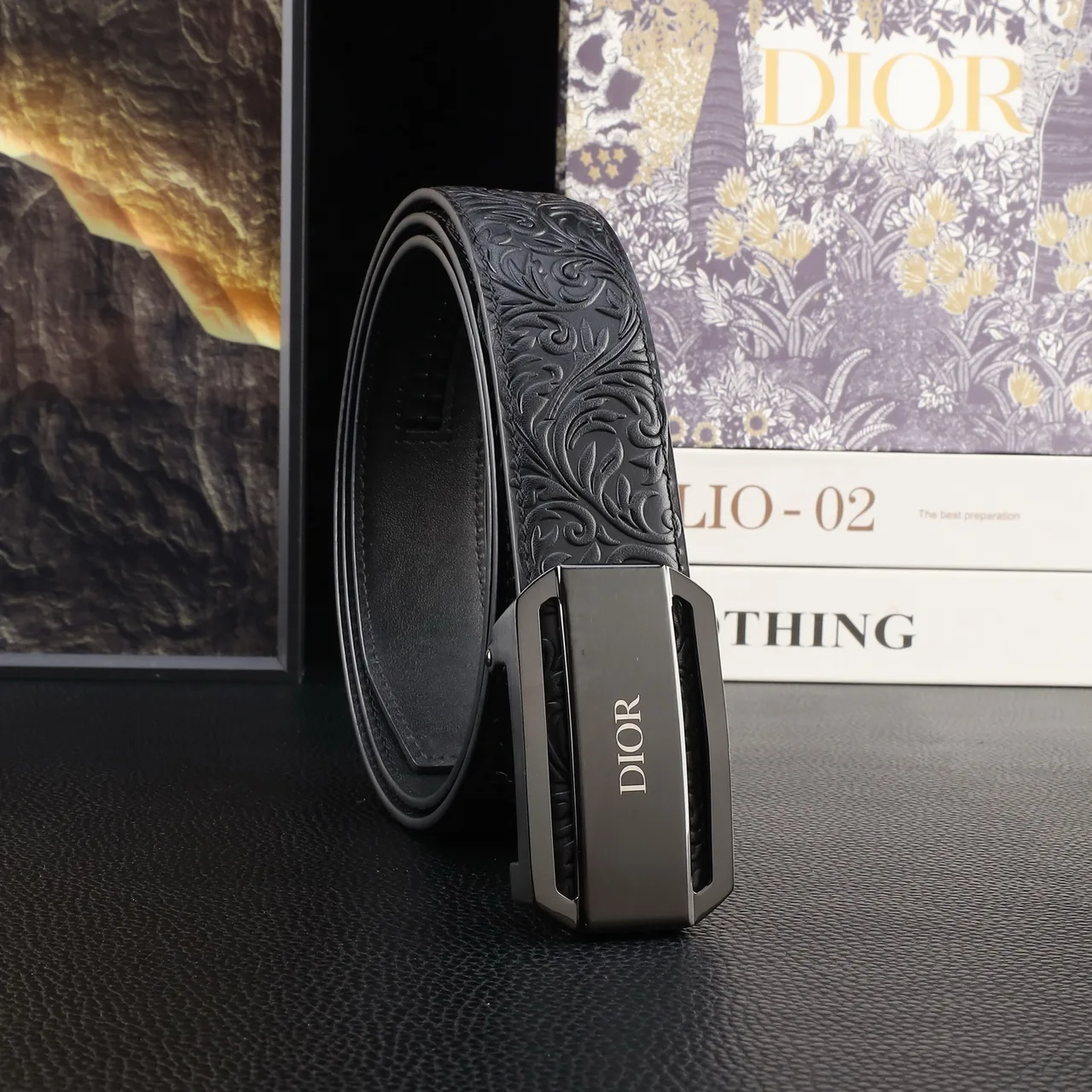 Dior Embossed Automatic Belt in Black · view 1