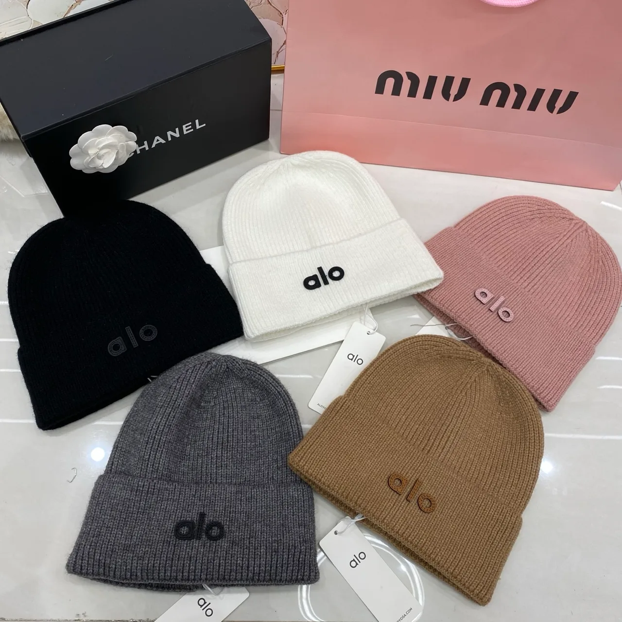 Alo Beanie in Black & White & Tan & Grey & Pink · view 6