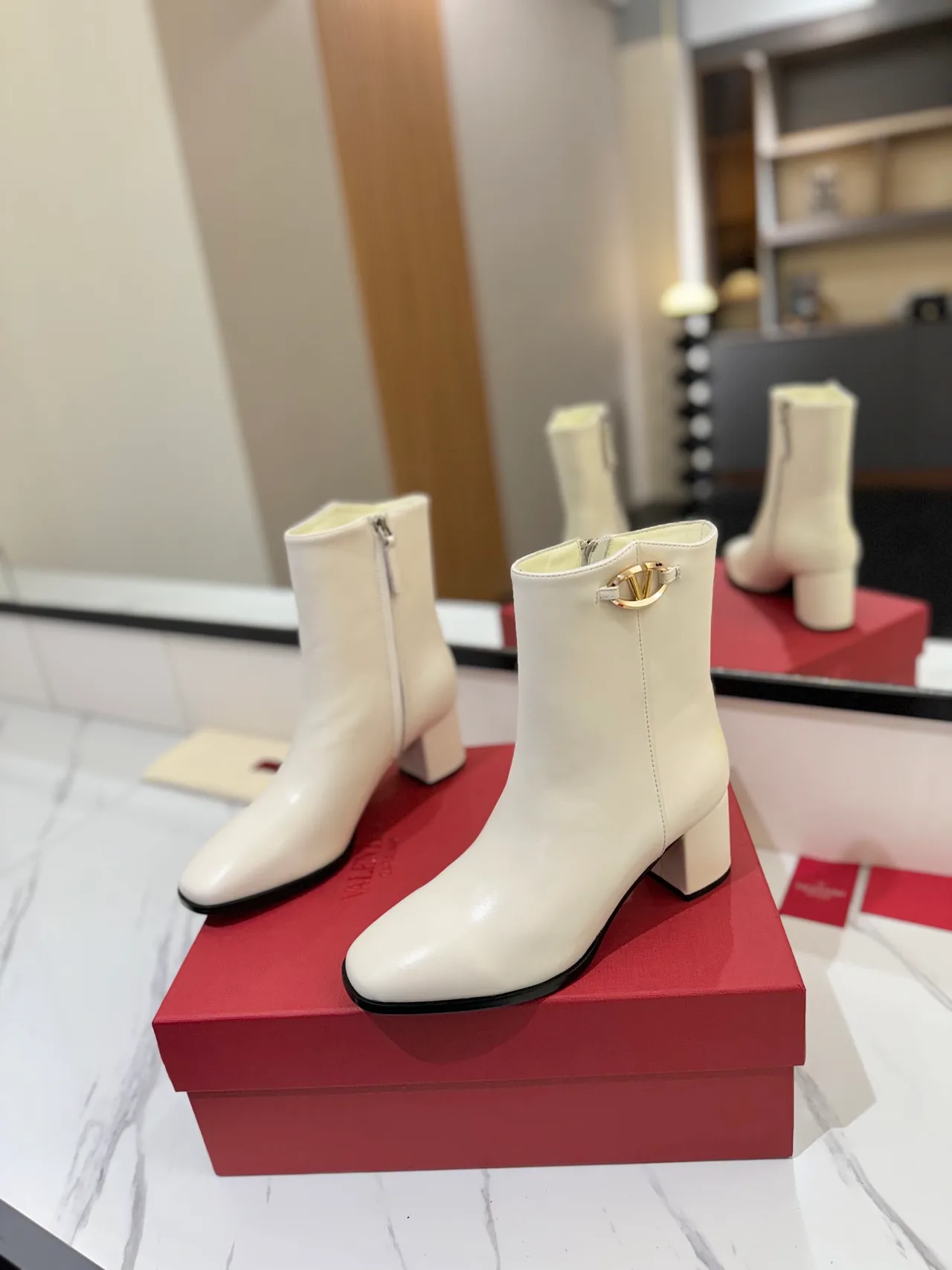 Valentino Calfskin Glossy Square-Toe Ankle Boots in White · view 2