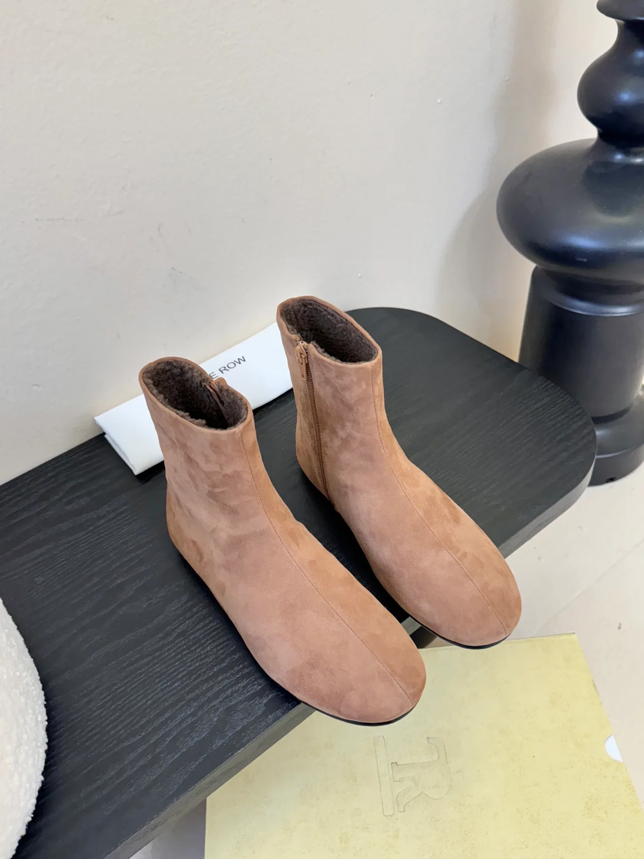 The Row Glossy Suede-Look Round-Toe Shearling Ankle Boots in Grey · view 1