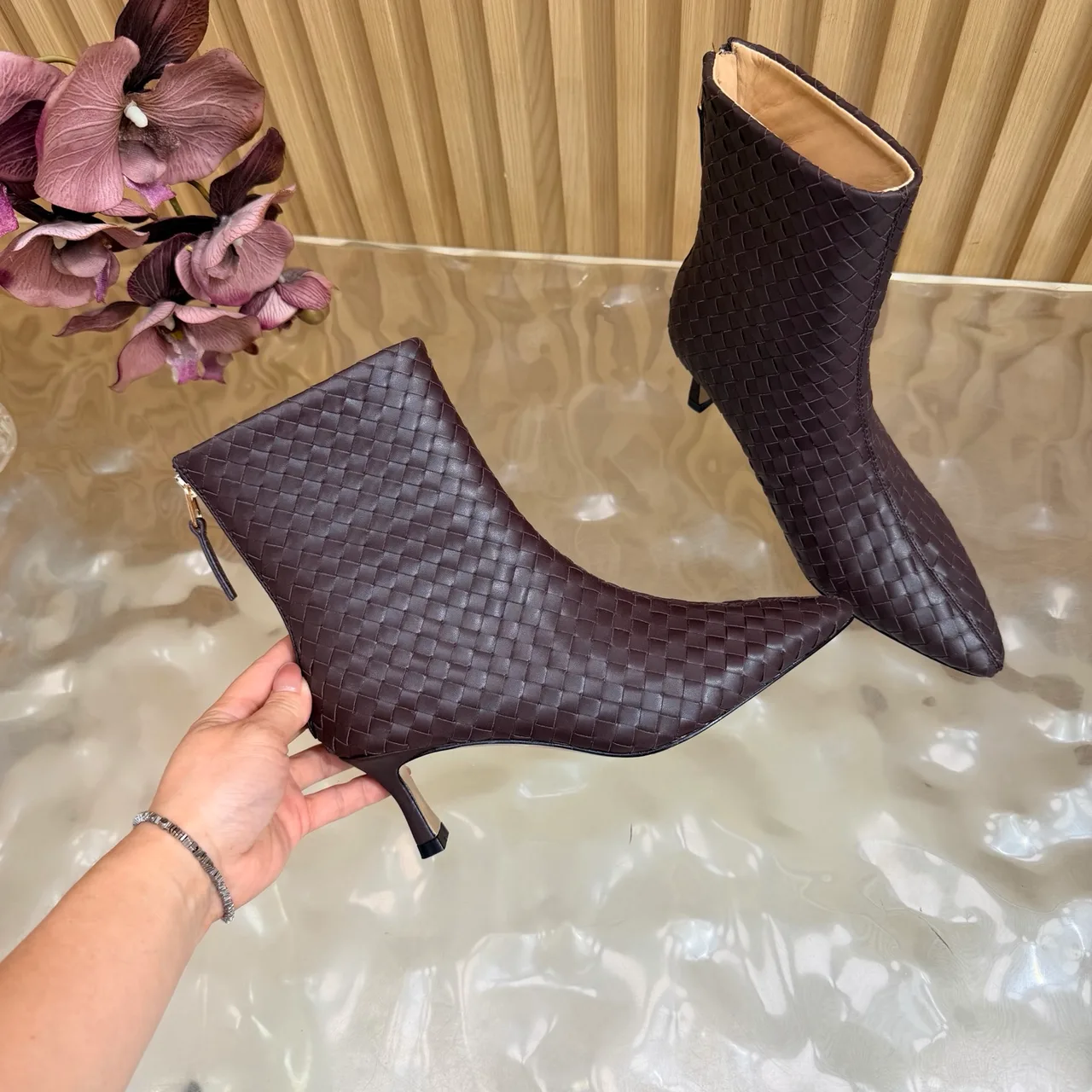 Bottega Veneta Woven Pointed-Toe Ankle Boots in Brown · view 8