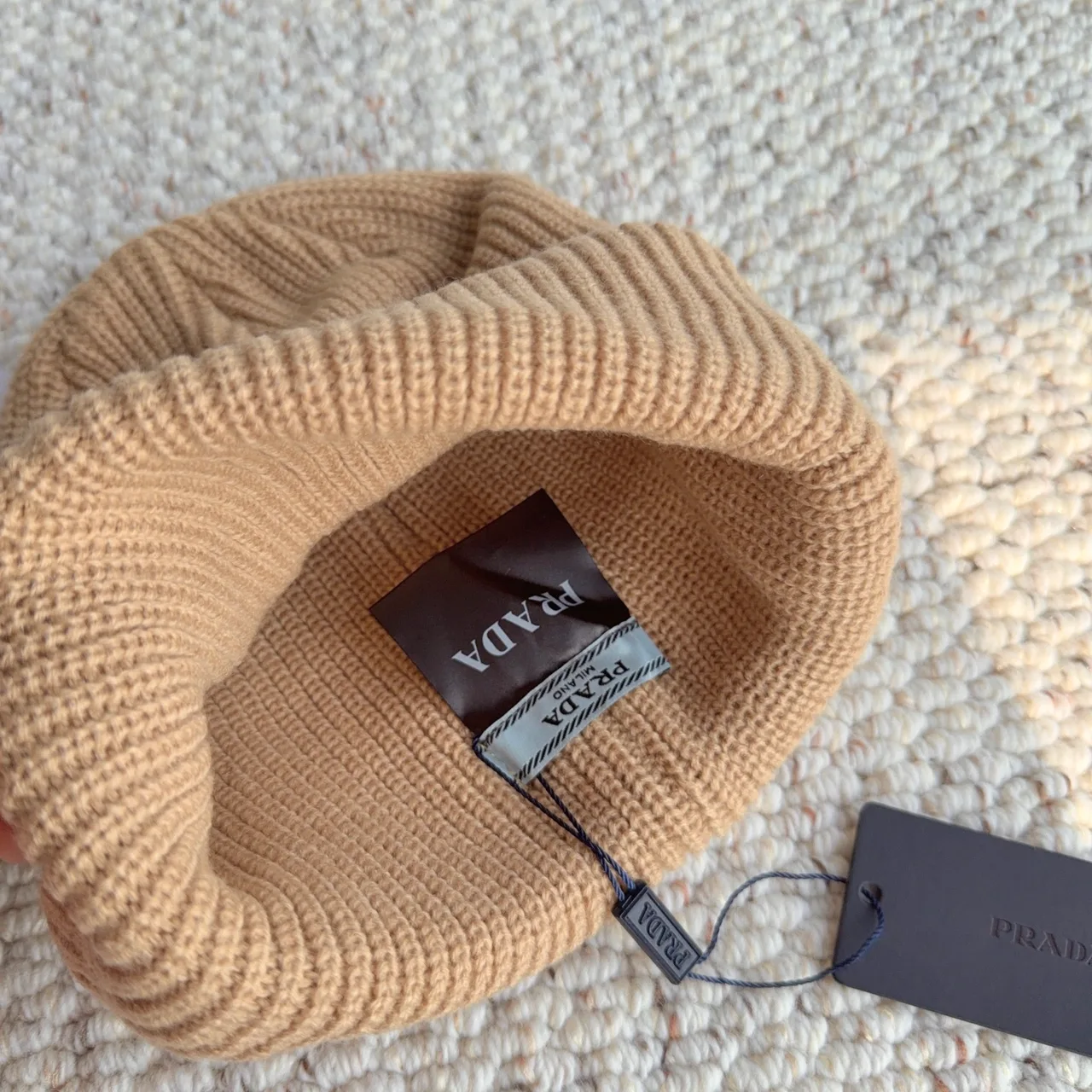 Prada Ribbed Beanie in Beige · view 4