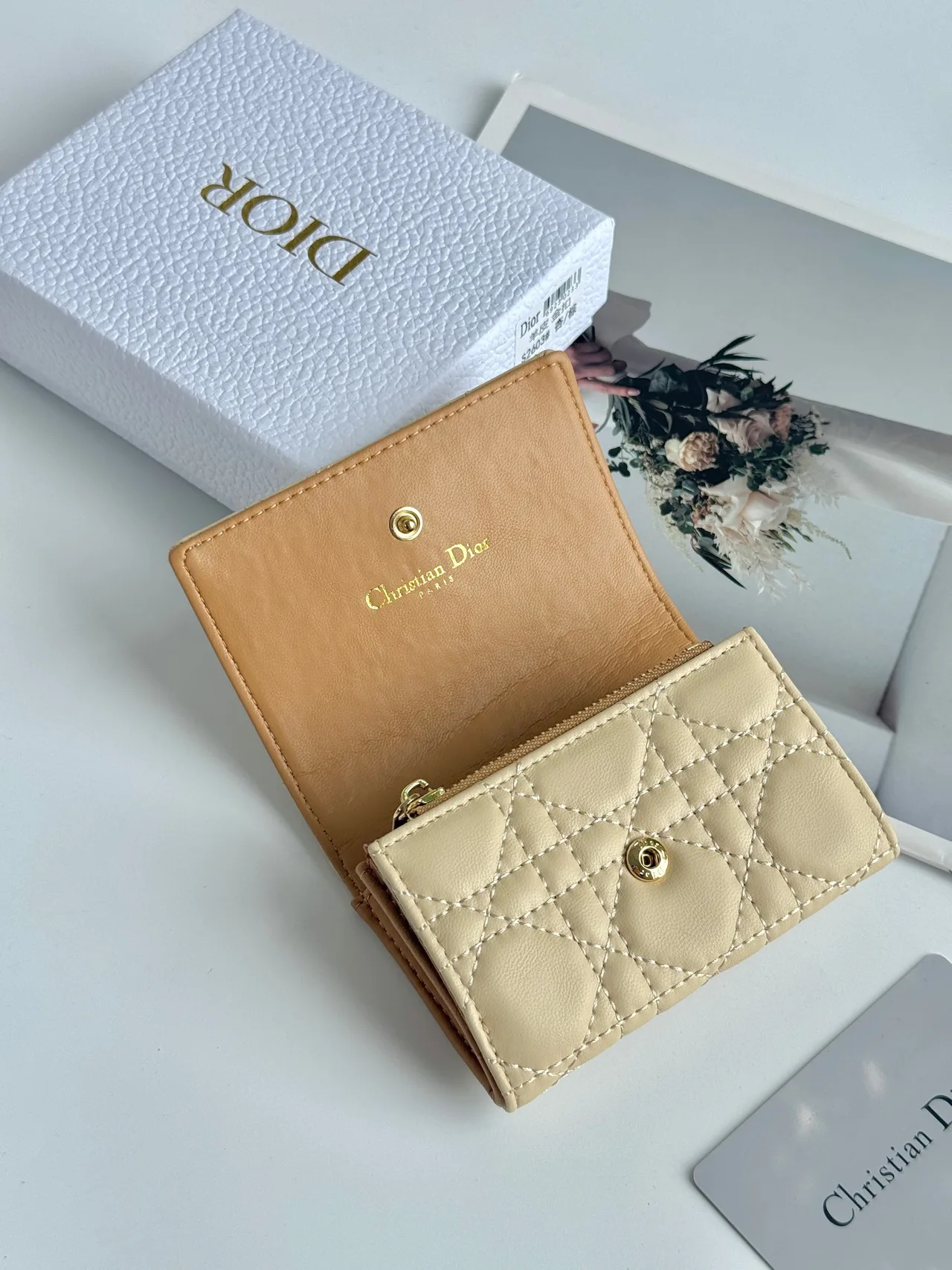 Dior Calfskin Quilted Wallet in Beige · view 3