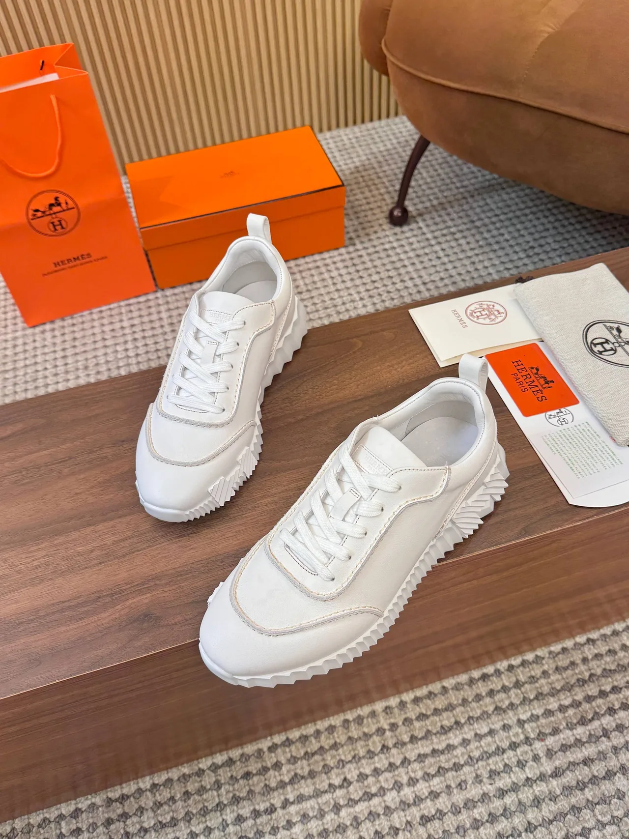 Hermes Smooth Lace-Up Sneakers in White · view 4
