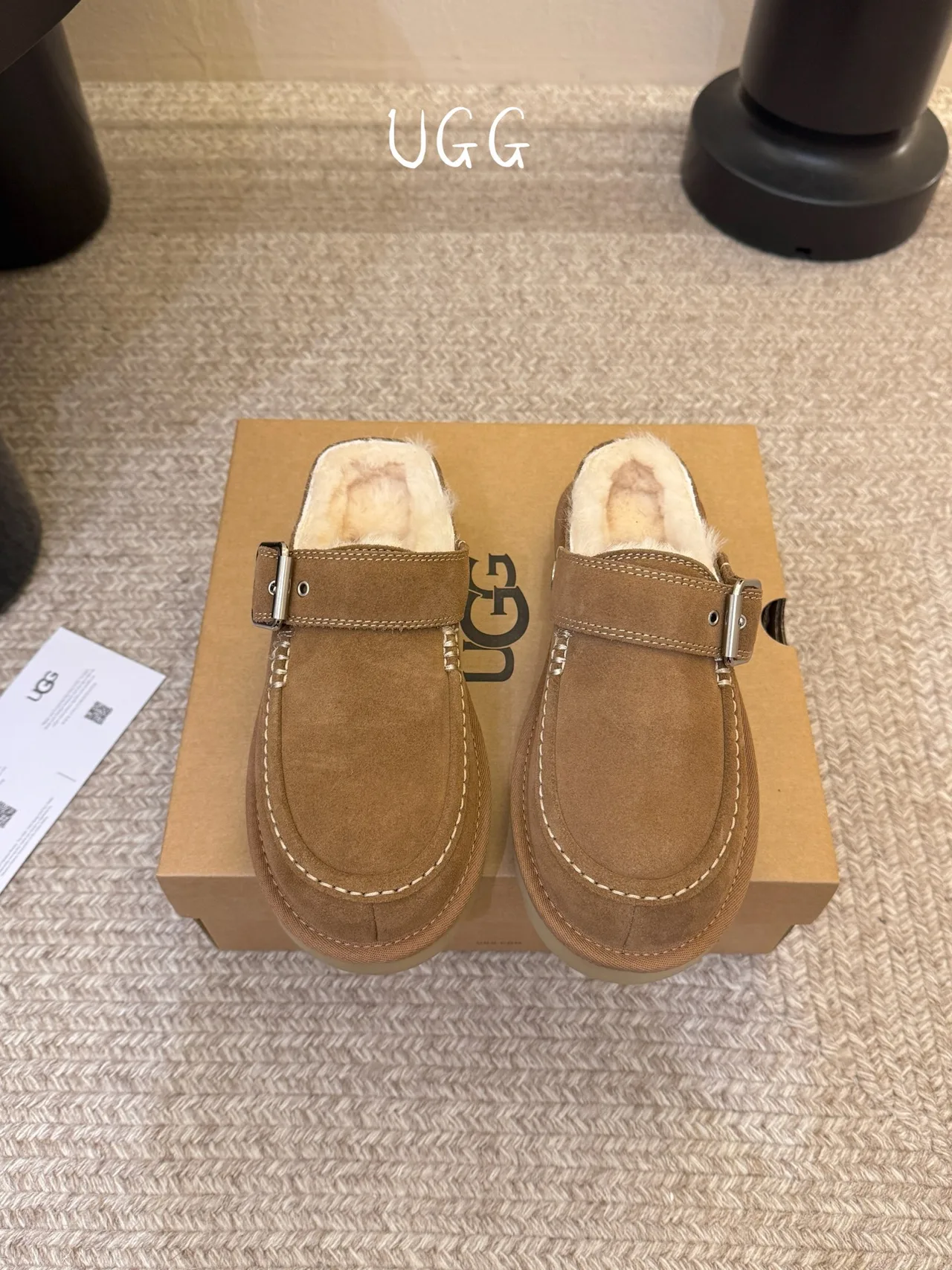 UGG Wool Suede-Look Buckle Lined Loafer Mules in Brown · view 1