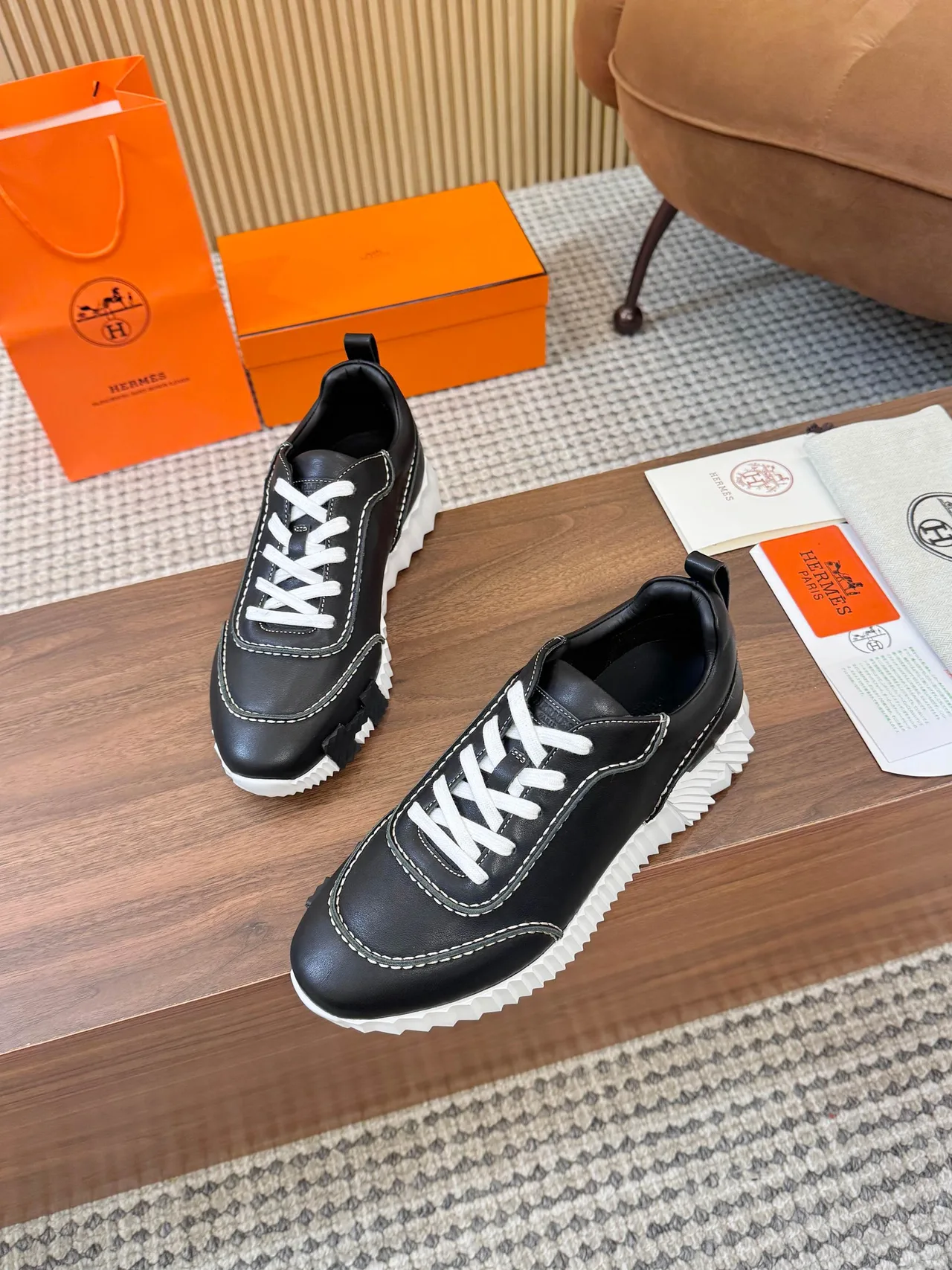 Hermes Smooth Round-Toe Sneakers in Black · view 6
