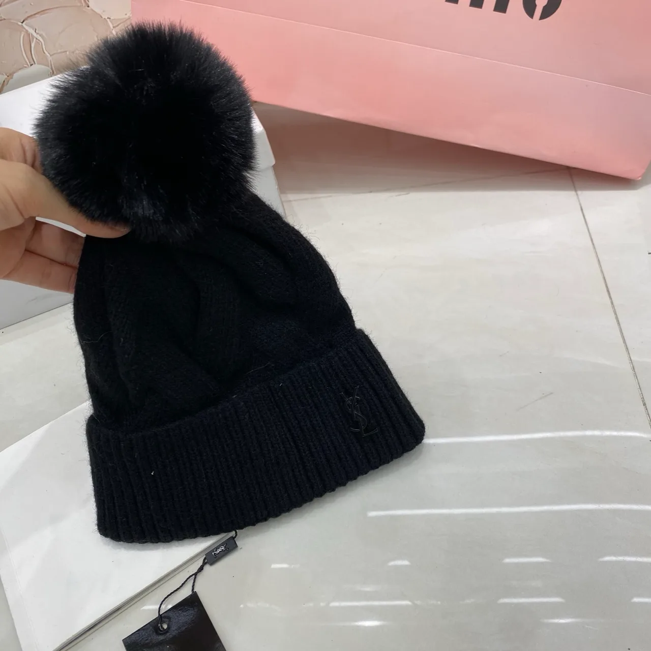Saint Laurent Cable Pom Beanie in Black & White & Beige & Brown & Pink & Grey & Red · view 1
