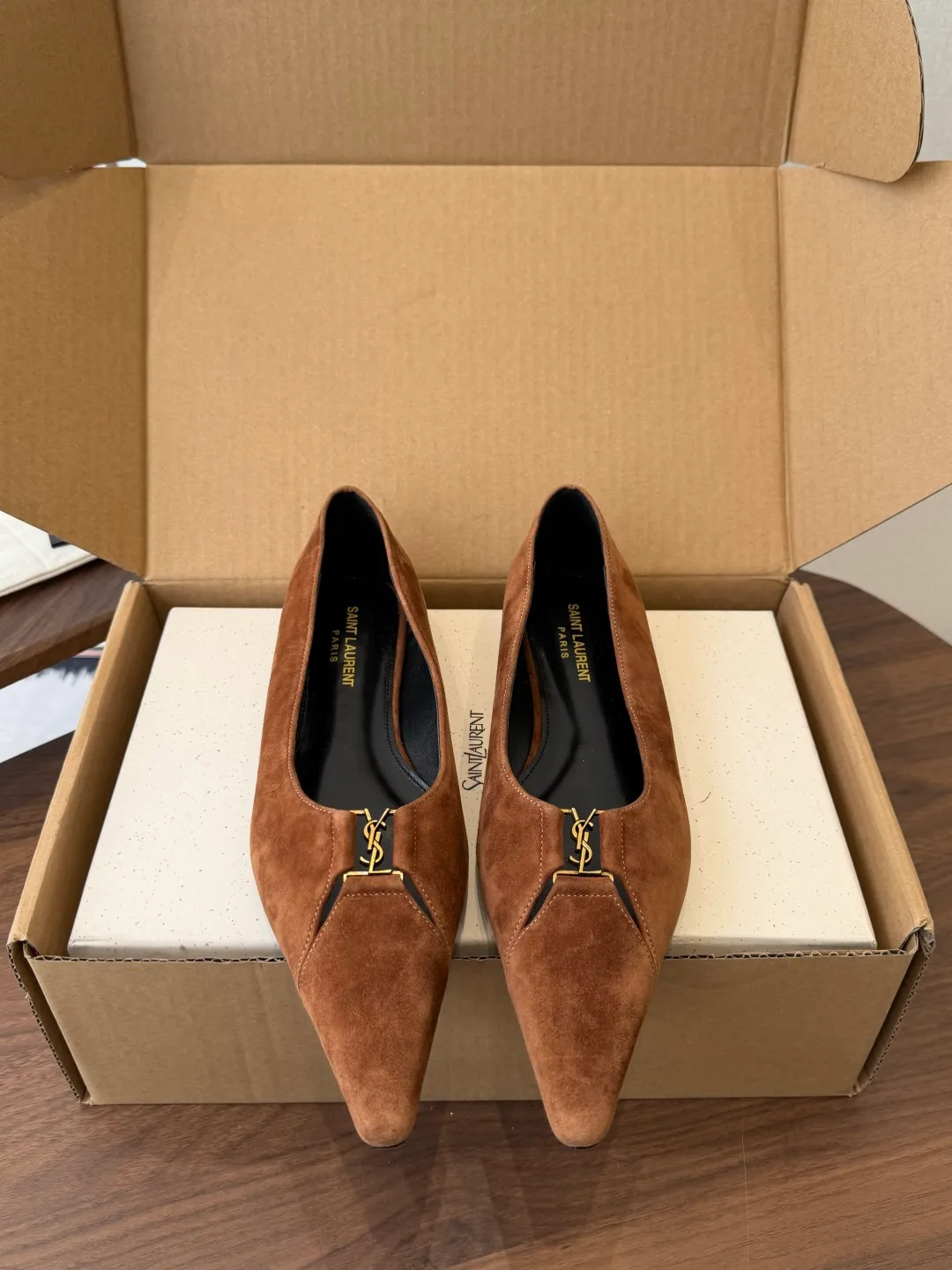 Saint Laurent Sheepskin Suede-Look Pointed-Toe Flats in Brown · view 1