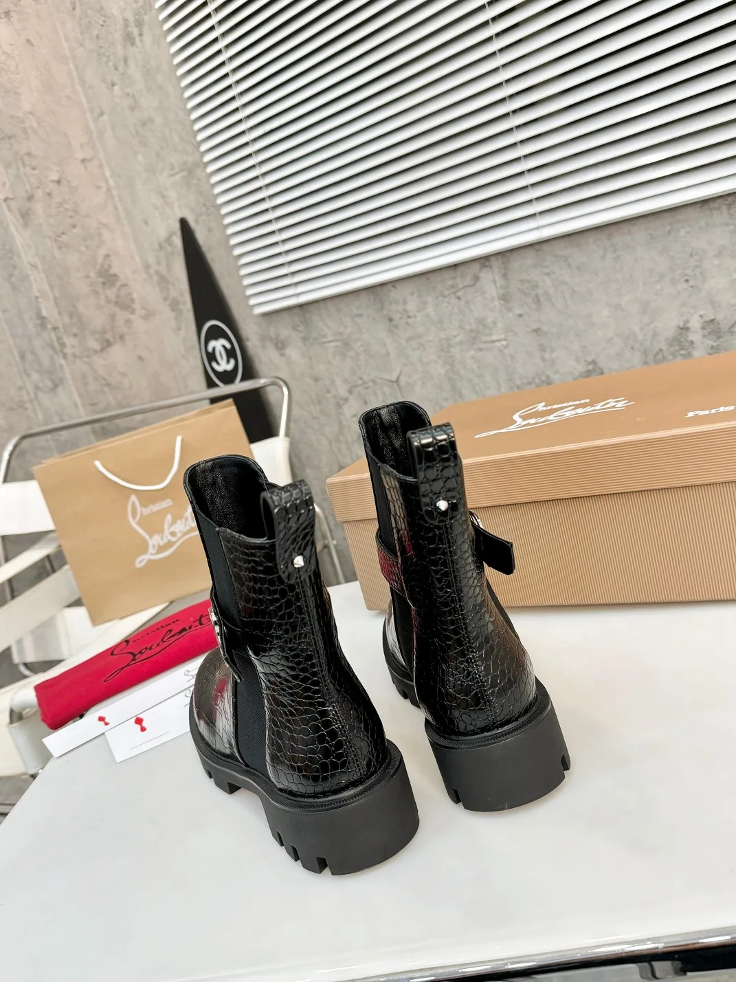 Christian Louboutin Glossy Buckle Ankle Boots in Black · view 7