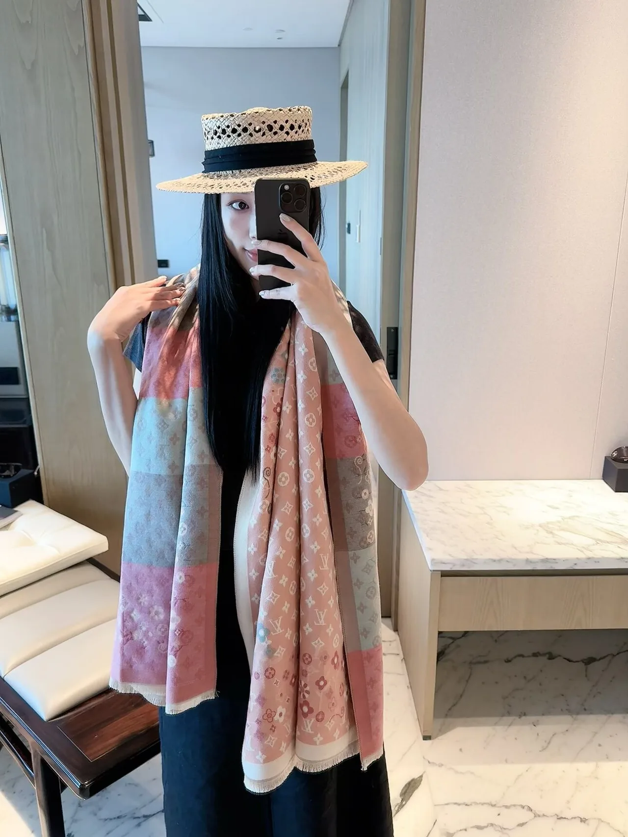 Louis Vuitton Floral Monogram Scarf in Pink & Cream · view 3