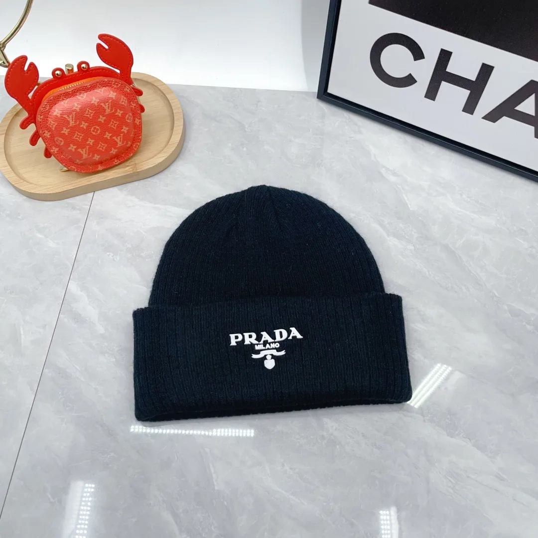 Prada Wool Ribbed Embroidered Hat Scarf and Gloves Set in Black · view 5
