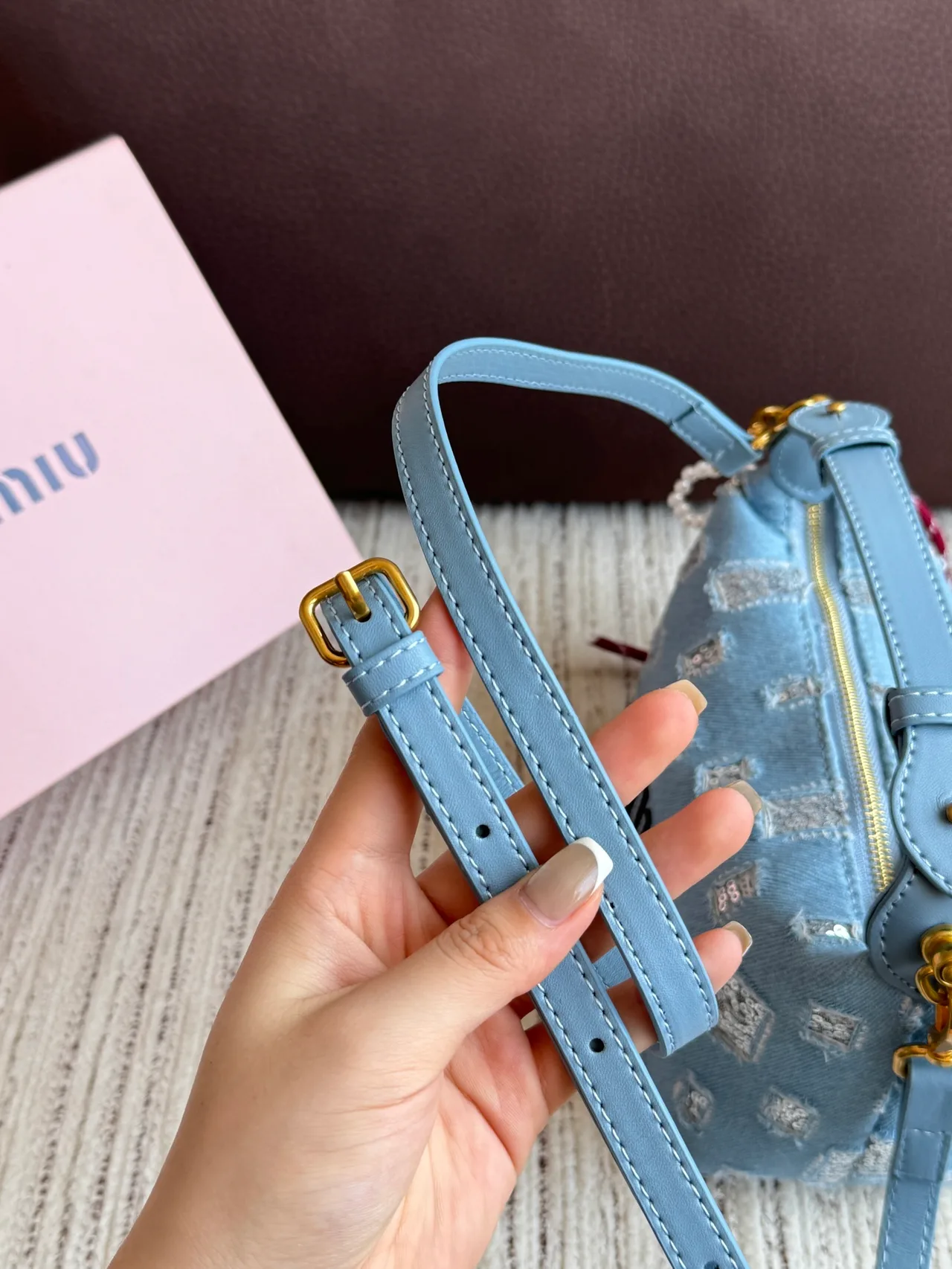 Miu Miu Canvas Denim-Look Sequin-Detail Vanity Bag in Blue · view 7