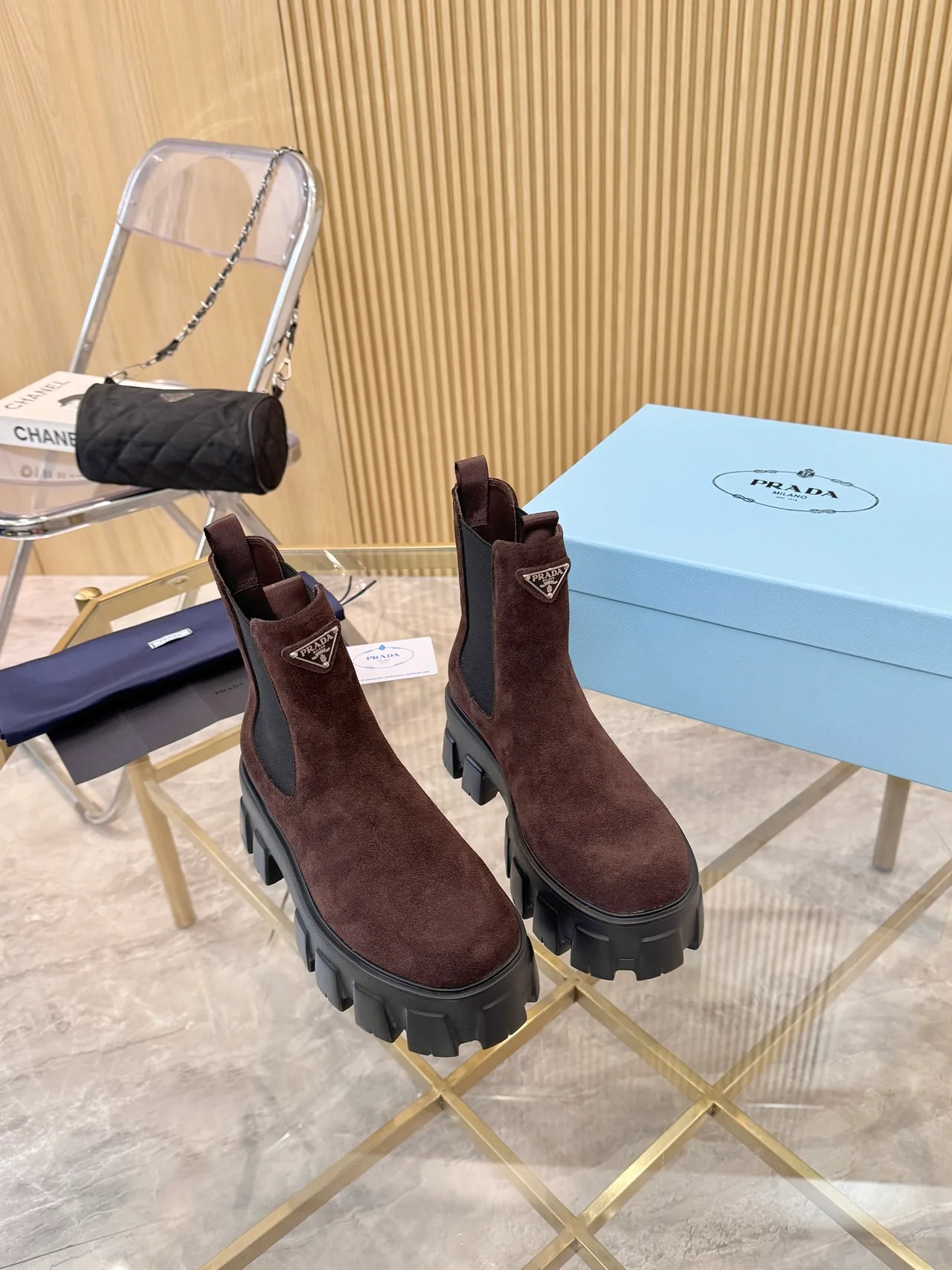 Prada Suede-Look Chelsea Boots in Brown · view 1