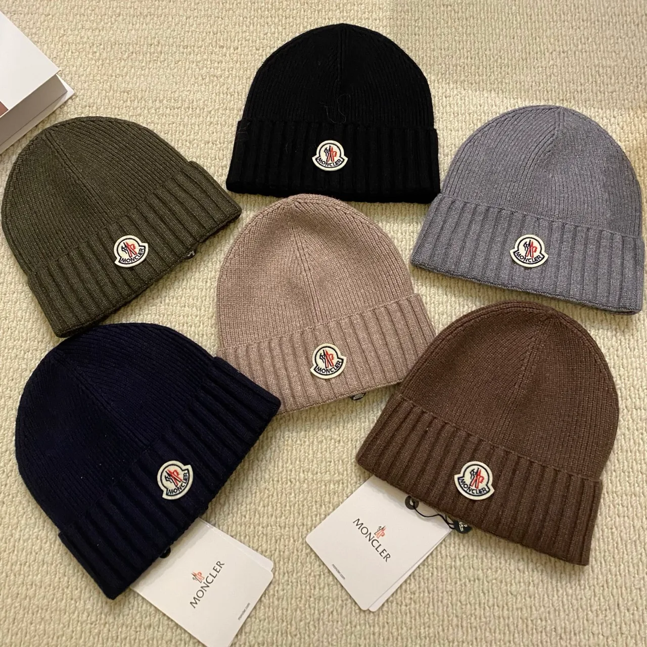 Moncler Rib-knit logo beanie in Black & Beige & Brown & Green & Blue & Grey · view 7