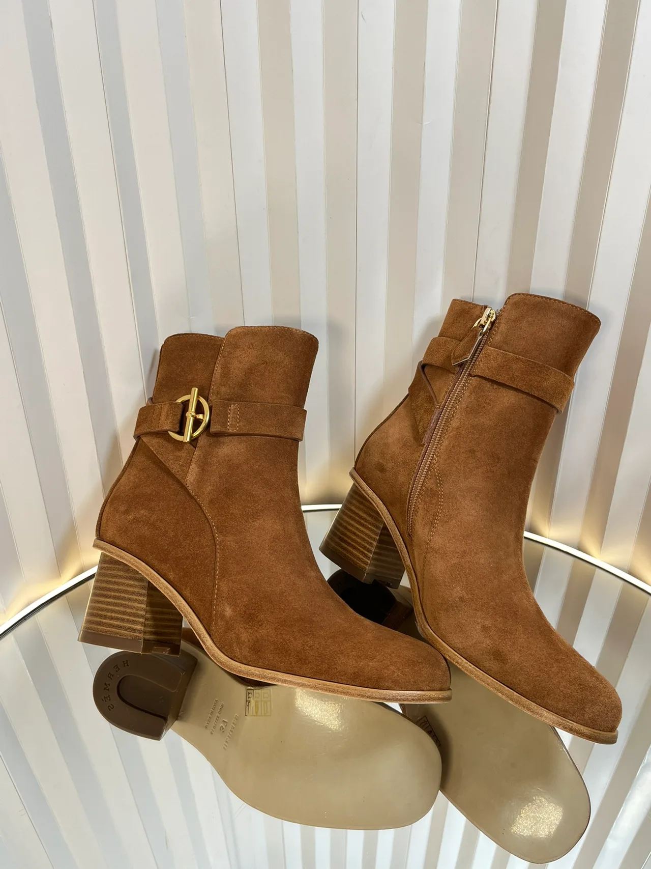 Hermes Calfskin Suede-Look Round-Toe Buckle Ankle Boots in Brown · view 2