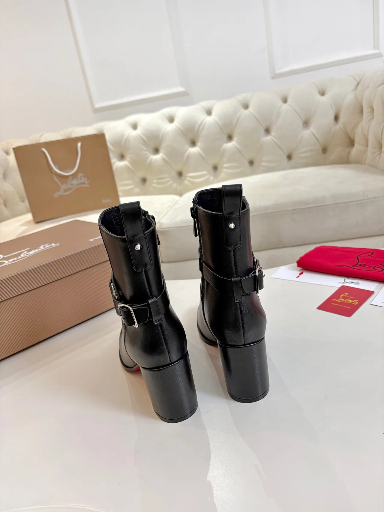 Christian Louboutin Calfskin Glossy Buckle Ankle Boots in Black · view 8