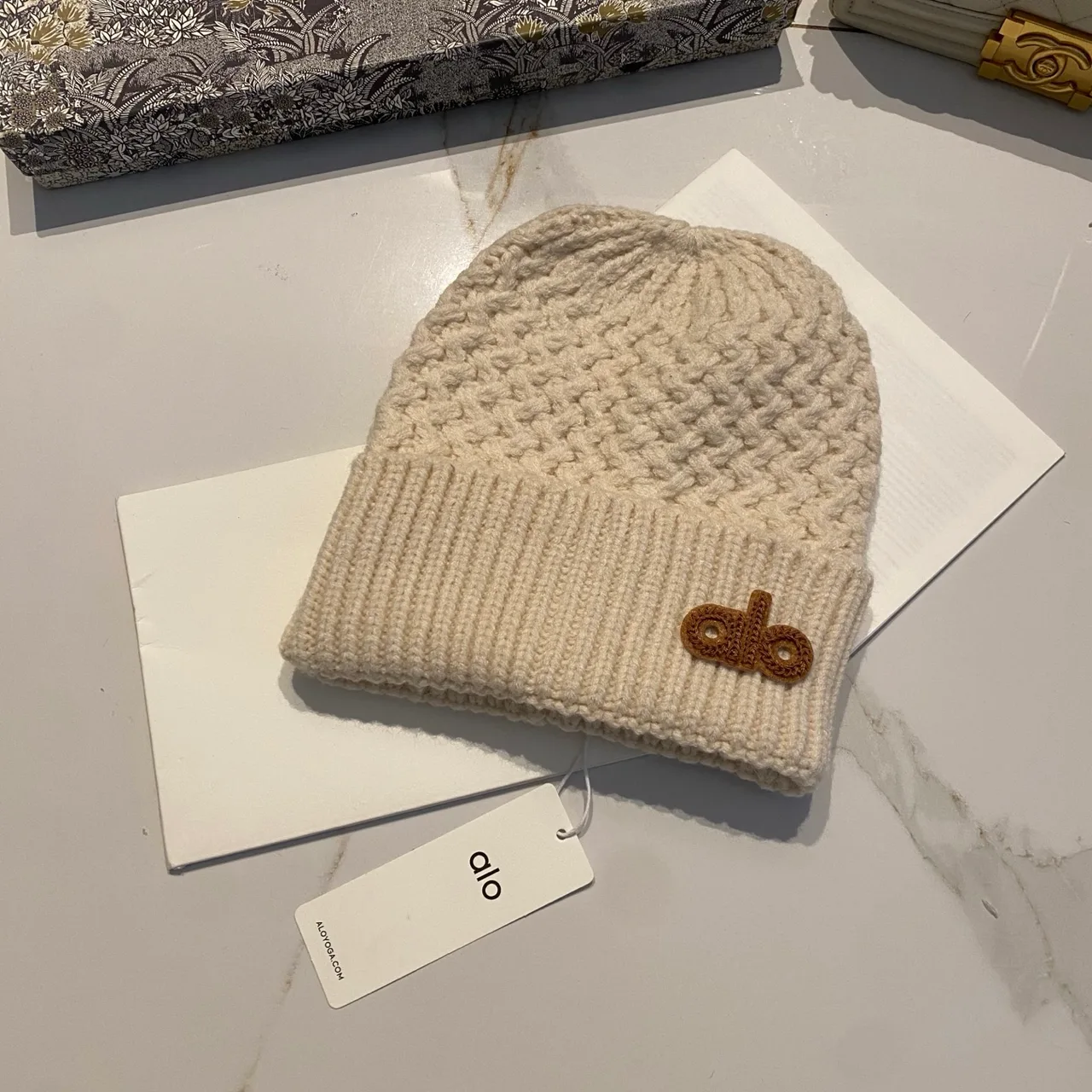Alo Knit Beanie in Black & White & Grey & Beige · view 4