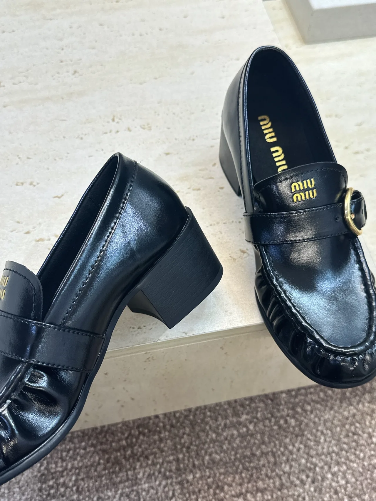 Miu Miu Cowhide Sheepskin Square-Toe Buckle Heeled Loafers in Black · view 7