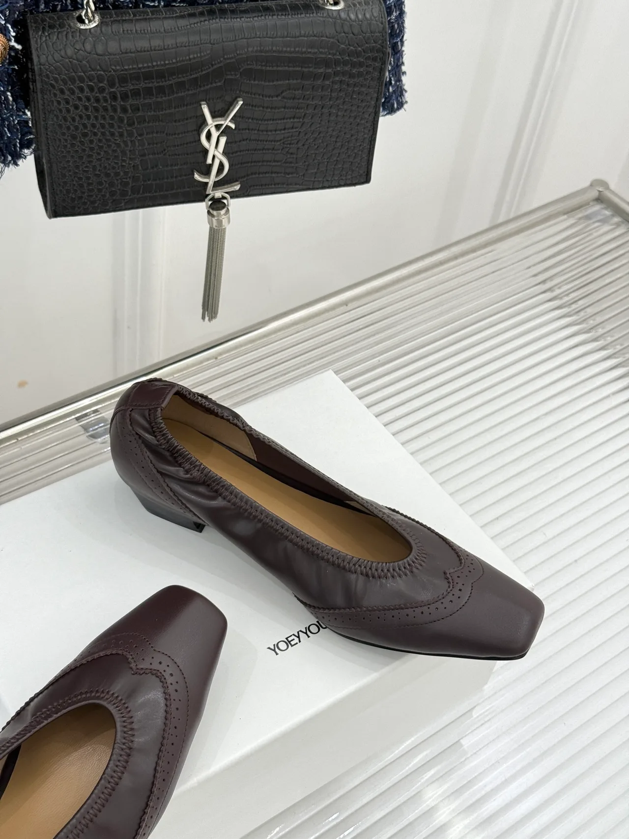 YOEYYOU Lambskin Denim Smooth Square-Toe Pumps in Brown · view 5