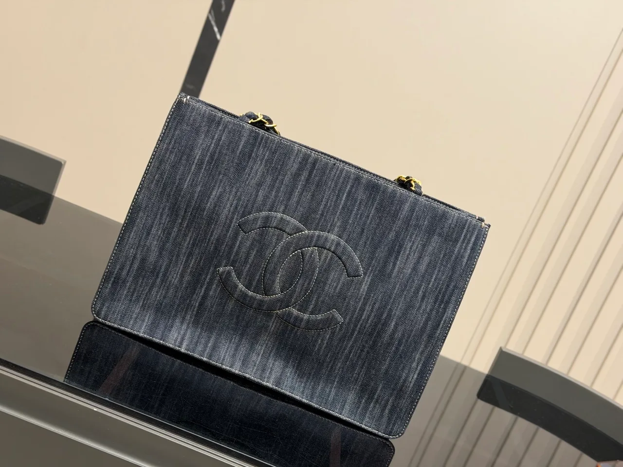 Chanel Denim Chain Tote in Blue · view 2
