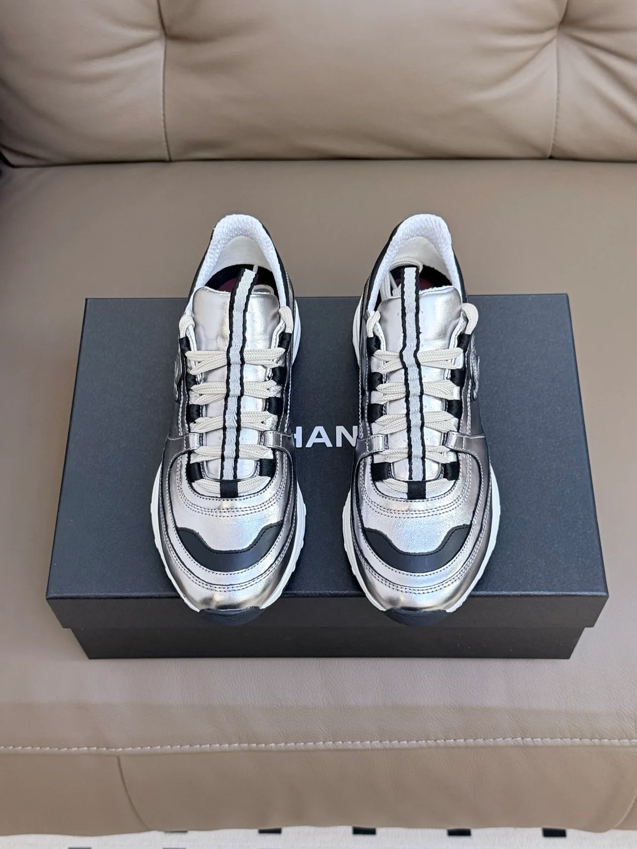 Chanel Cowhide Sheepskin Striped Sneakers in Silver · view 1